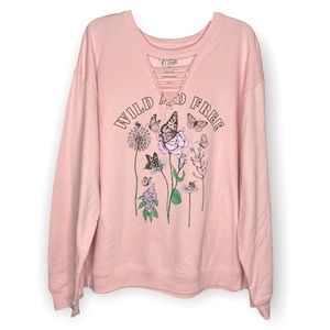 NWOT “Wild And Free” 3X Pink Butterfly Bee Floral Graphic Crew Sweatshirt Ladder
